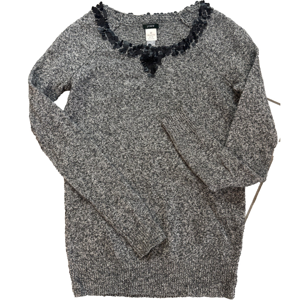 Vintage J Crew Woman’s Beaded Collar 100% Lambswool Grey Sweater Size XS